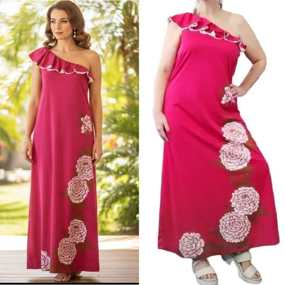 VTG 60s Alfred Shaheen Hand Painted Pink One Shoulder Maxi Dress 10 LG RARE
